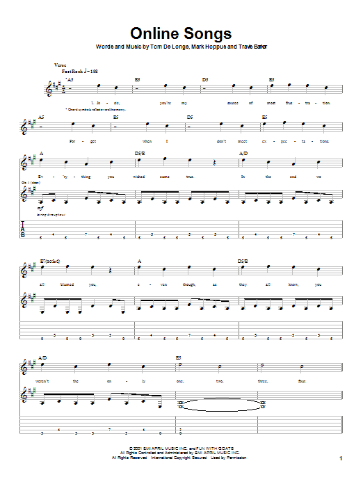 Blink-182 Online Songs Sheet Music Notes & Chords for Guitar Tab - Download or Print PDF Blink-182 Online Songs Sheet Music Notes & Chords for Guitar Tab - Download or Print PDF