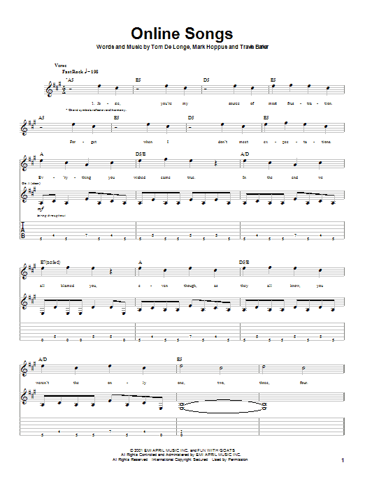 Blink-182 Online Songs Sheet Music Notes & Chords for Guitar Tab - Download or Print PDF