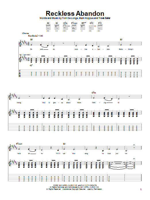 Blink-182 Reckless Abandon Sheet Music Notes & Chords for Guitar Tab - Download or Print PDF Blink-182 Reckless Abandon Sheet Music Notes & Chords for Guitar Tab - Download or Print PDF