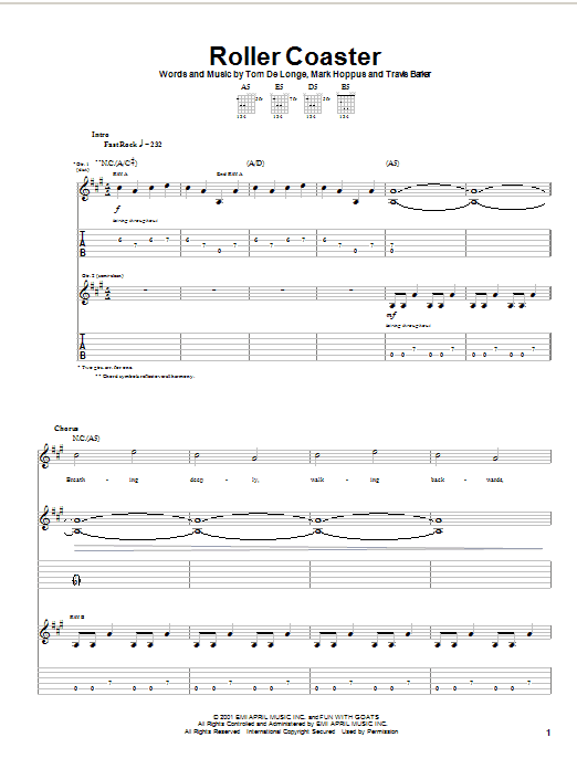 Blink-182 Roller Coaster Sheet Music Notes & Chords for Guitar Tab - Download or Print PDF Blink-182 Roller Coaster Sheet Music Notes & Chords for Guitar Tab - Download or Print PDF