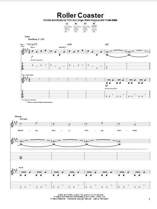 Blink-182 Roller Coaster Sheet Music Notes & Chords for Guitar Tab - Download or Print PDF