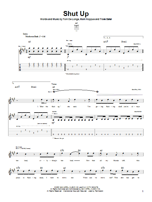 Blink-182 Shut Up Sheet Music Notes & Chords for Guitar Tab - Download or Print PDF Blink-182 Shut Up Sheet Music Notes & Chords for Guitar Tab - Download or Print PDF