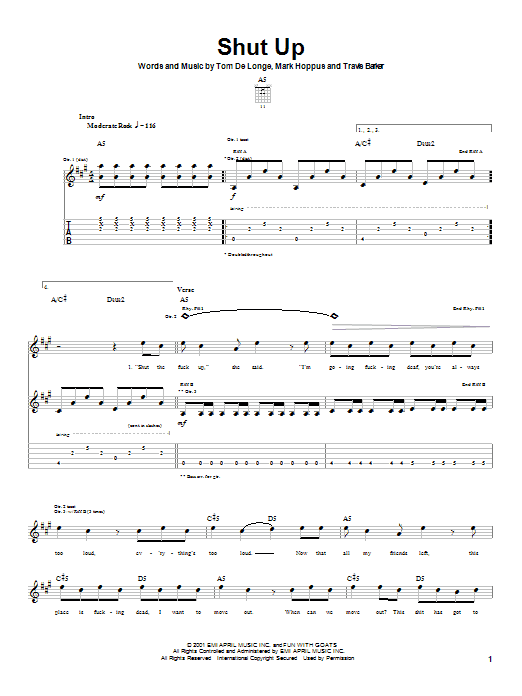 Blink-182 Shut Up Sheet Music Notes & Chords for Guitar Tab - Download or Print PDF
