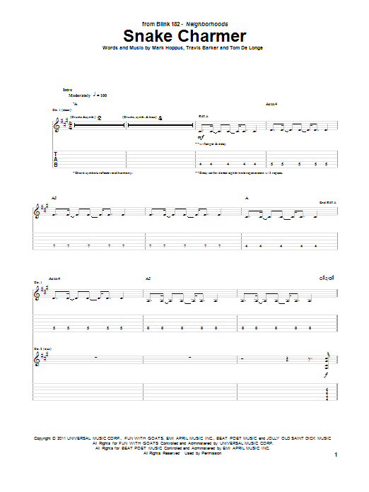 Blink-182 Snake Charmer Sheet Music Notes & Chords for Guitar Tab - Download or Print PDF