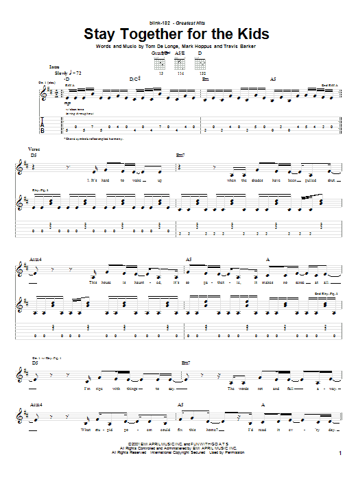 Blink-182 Stay Together For The Kids Sheet Music Notes & Chords for Guitar Tab - Download or Print PDF