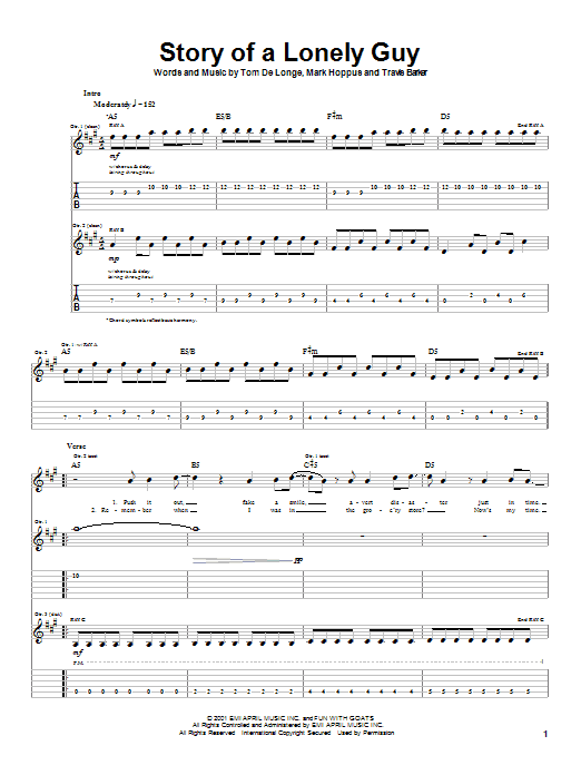 Blink-182 Story Of A Lonely Guy Sheet Music Notes & Chords for Guitar Tab - Download or Print PDF