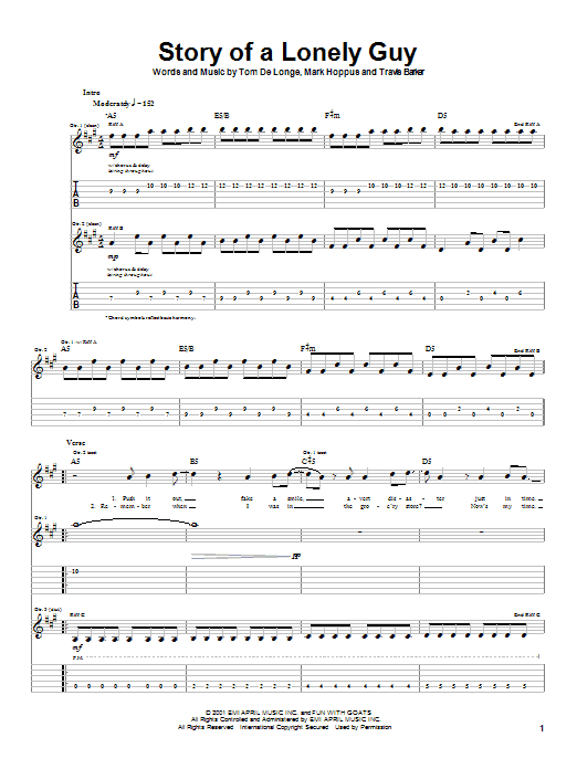 Preview Blink-182 Story Of A Lonely Guy Punk sheet music, notes and chords for Guitar Tab, SKU: 22362 Story Of A Lonely Guy sheet music