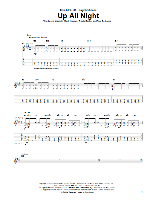 Blink-182 Up All Night Sheet Music Notes & Chords for Guitar Tab - Download or Print PDF