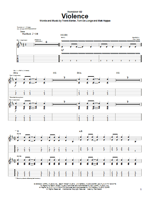 Blink-182 Violence sheet music notes and chords. Download Printable PDF.