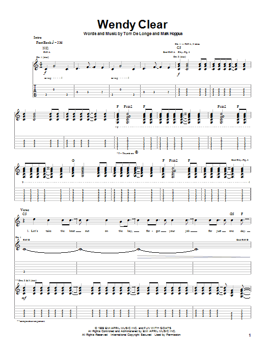 Blink-182 Wendy Clear Sheet Music Notes & Chords for Guitar Tab - Download or Print PDF Blink-182 Wendy Clear Sheet Music Notes & Chords for Guitar Tab - Download or Print PDF