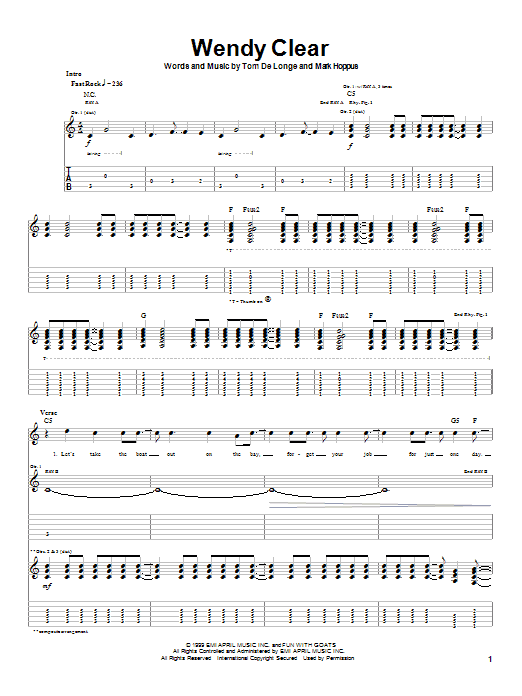 Blink-182 Wendy Clear Sheet Music Notes & Chords for Guitar Tab - Download or Print PDF