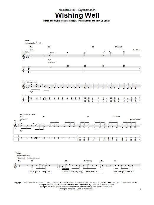 Blink-182 Wishing Well Sheet Music Notes & Chords for Guitar Tab - Download or Print PDF