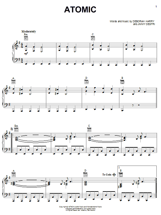 Blondie Atomic Sheet Music Notes & Chords for Piano, Vocal & Guitar (Right-Hand Melody) - Download or Print PDF