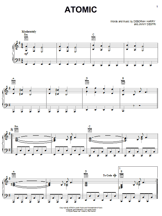 Blondie Atomic Sheet Music Notes & Chords for Lyrics & Piano Chords - Download or Print PDF