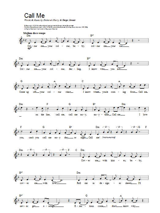 Blondie Call Me Sheet Music Notes & Chords for Easy Guitar Tab - Download or Print PDF