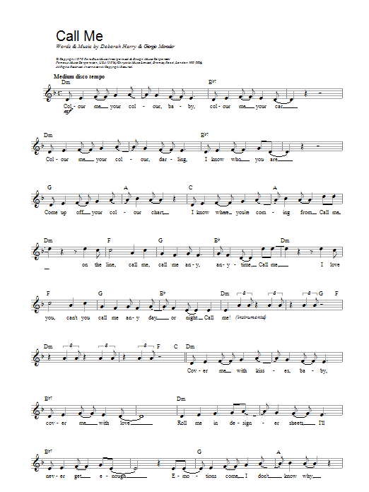 Blondie Call Me sheet music notes and chords. Download Printable PDF.