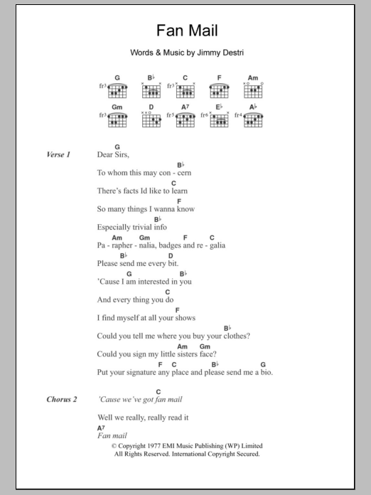 Blondie Fan Mail Sheet Music Notes & Chords for Lyrics & Chords - Download or Print PDF