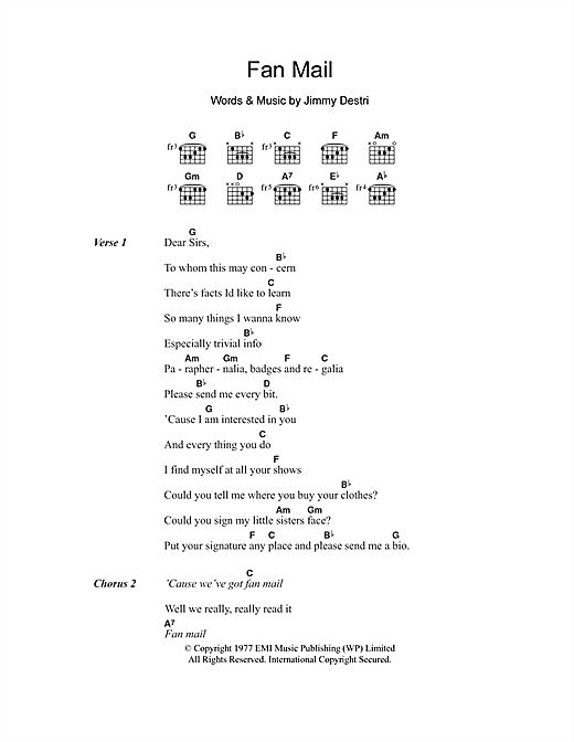 Blondie Fan Mail Sheet Music Notes & Chords for Lyrics & Chords - Download or Print PDF