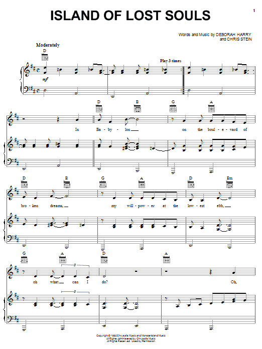 Blondie Island Of Lost Souls Sheet Music Notes & Chords for Piano, Vocal & Guitar (Right-Hand Melody) - Download or Print PDF