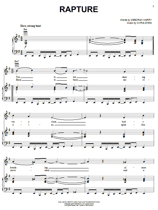 Blondie Rapture Sheet Music Notes & Chords for Piano, Vocal & Guitar - Download or Print PDF