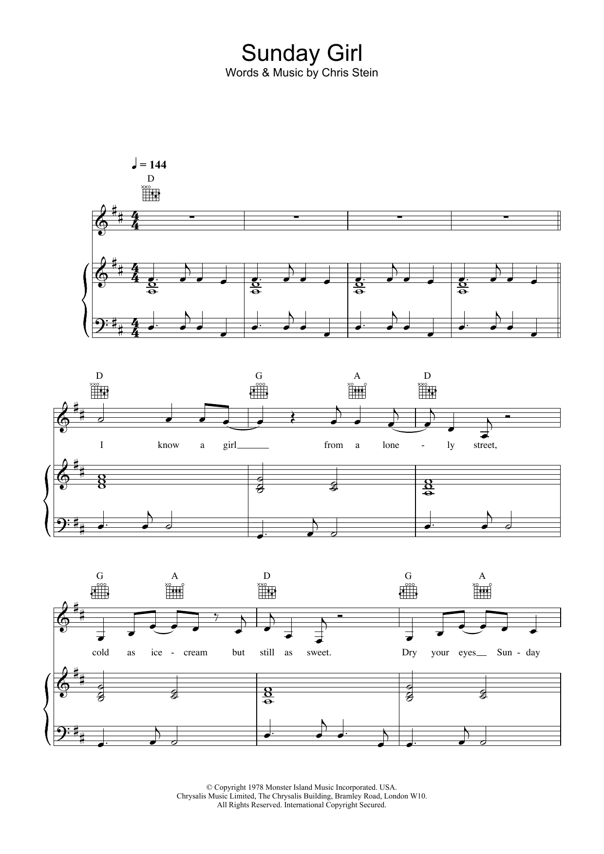 Blondie Sunday Girl Sheet Music Notes & Chords for Lyrics & Piano Chords - Download or Print PDF