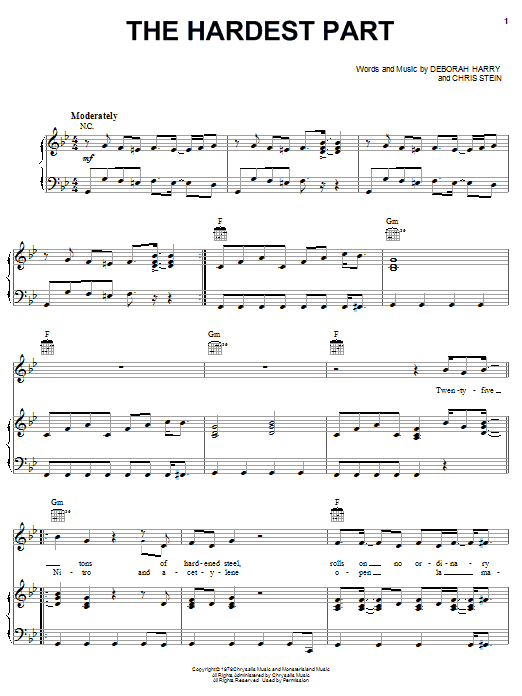 Blondie The Hardest Part Sheet Music Notes & Chords for Piano, Vocal & Guitar (Right-Hand Melody) - Download or Print PDF