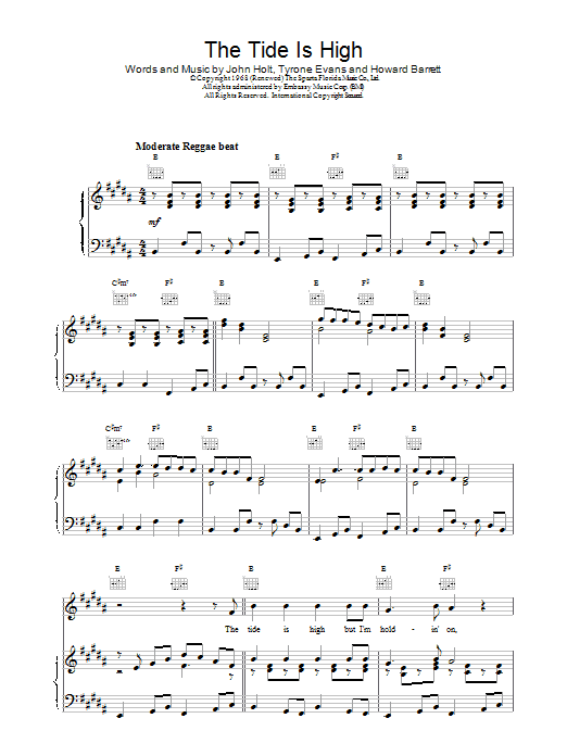 Blondie The Tide Is High Sheet Music Notes & Chords for Lead Sheet / Fake Book - Download or Print PDF