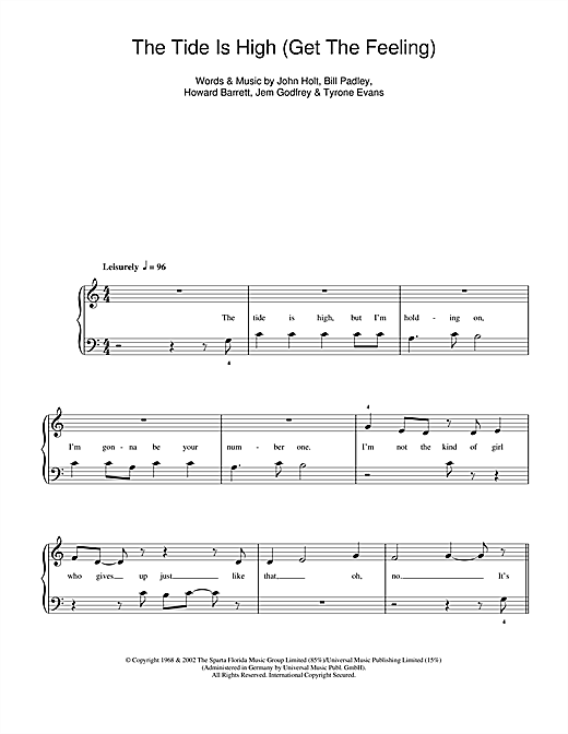 Preview Blondie The Tide Is High Pop sheet music, notes and chords for Beginner Piano, SKU: 37557 The Tide Is High sheet music