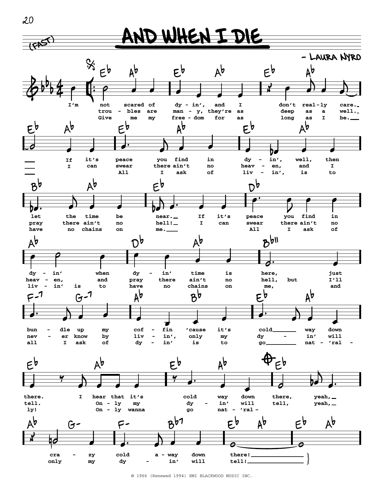 Laura Nyro And When I Die (High Voice) Sheet Music Notes & Chords for Real Book – Melody, Lyrics & Chords - Download or Print PDF
