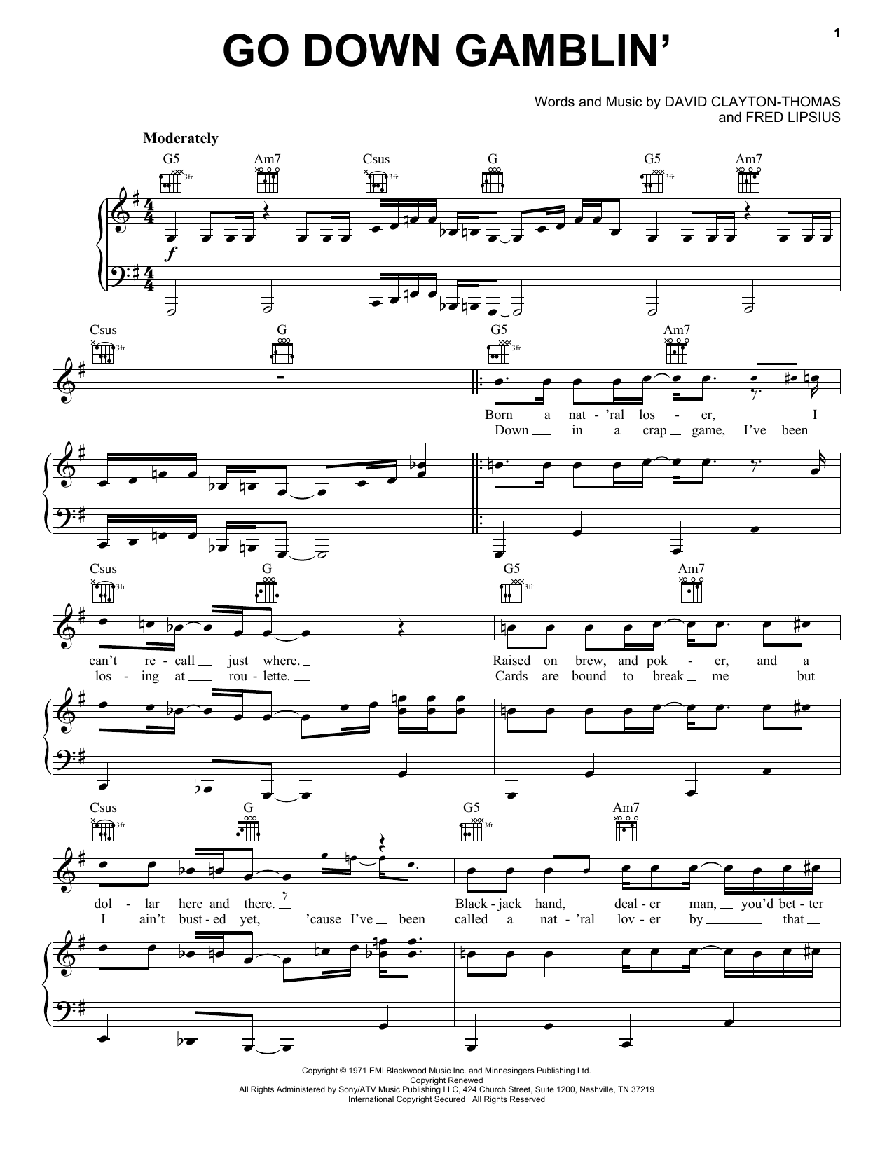 Blood, Sweat & Tears Go Down Gamblin' Sheet Music Notes & Chords for Piano, Vocal & Guitar (Right-Hand Melody) - Download or Print PDF