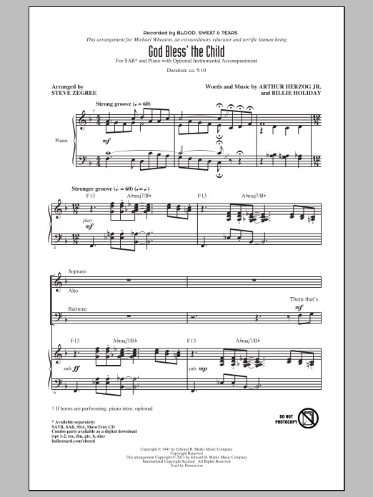 Blood, Sweat & Tears God Bless' The Child (arr. Steve Zegree) Sheet Music Notes & Chords for SAB - Download or Print PDF