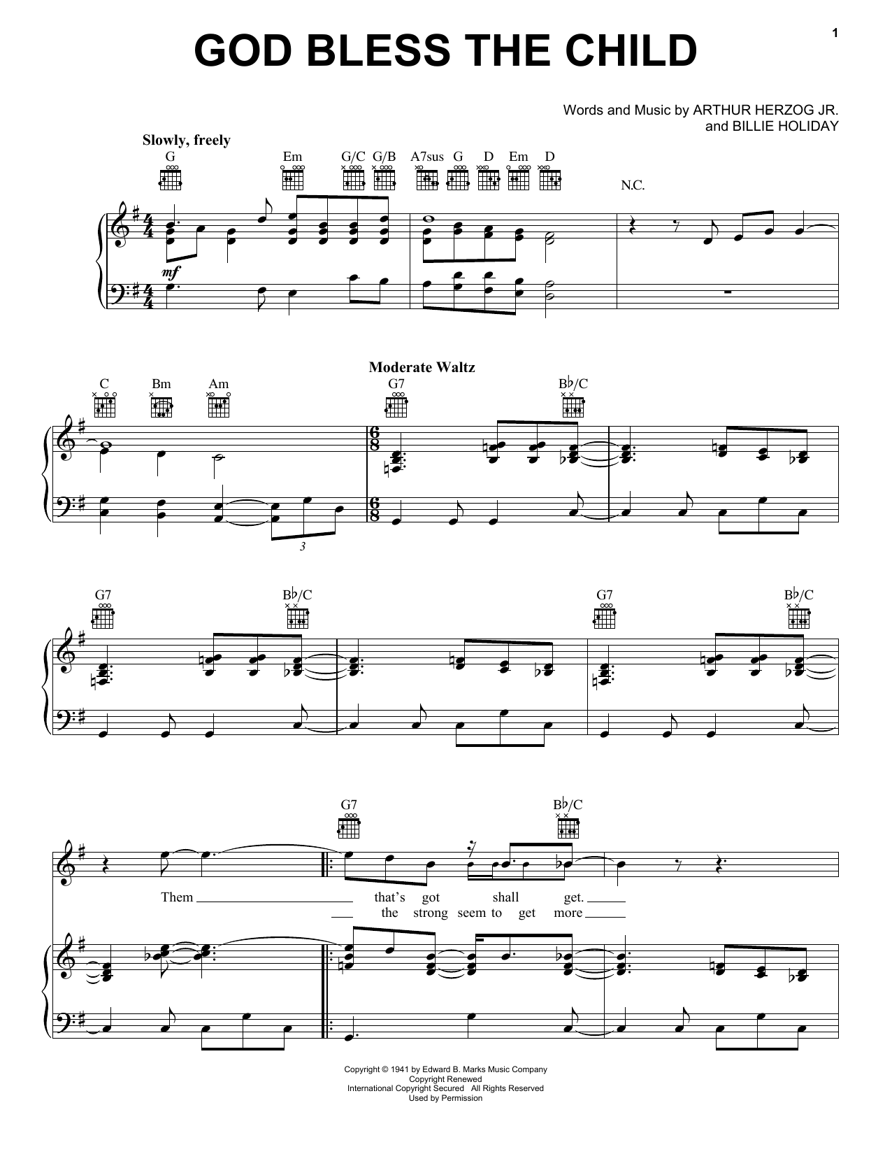 Blood, Sweat & Tears God Bless' The Child Sheet Music Notes & Chords for Piano, Vocal & Guitar (Right-Hand Melody) - Download or Print PDF