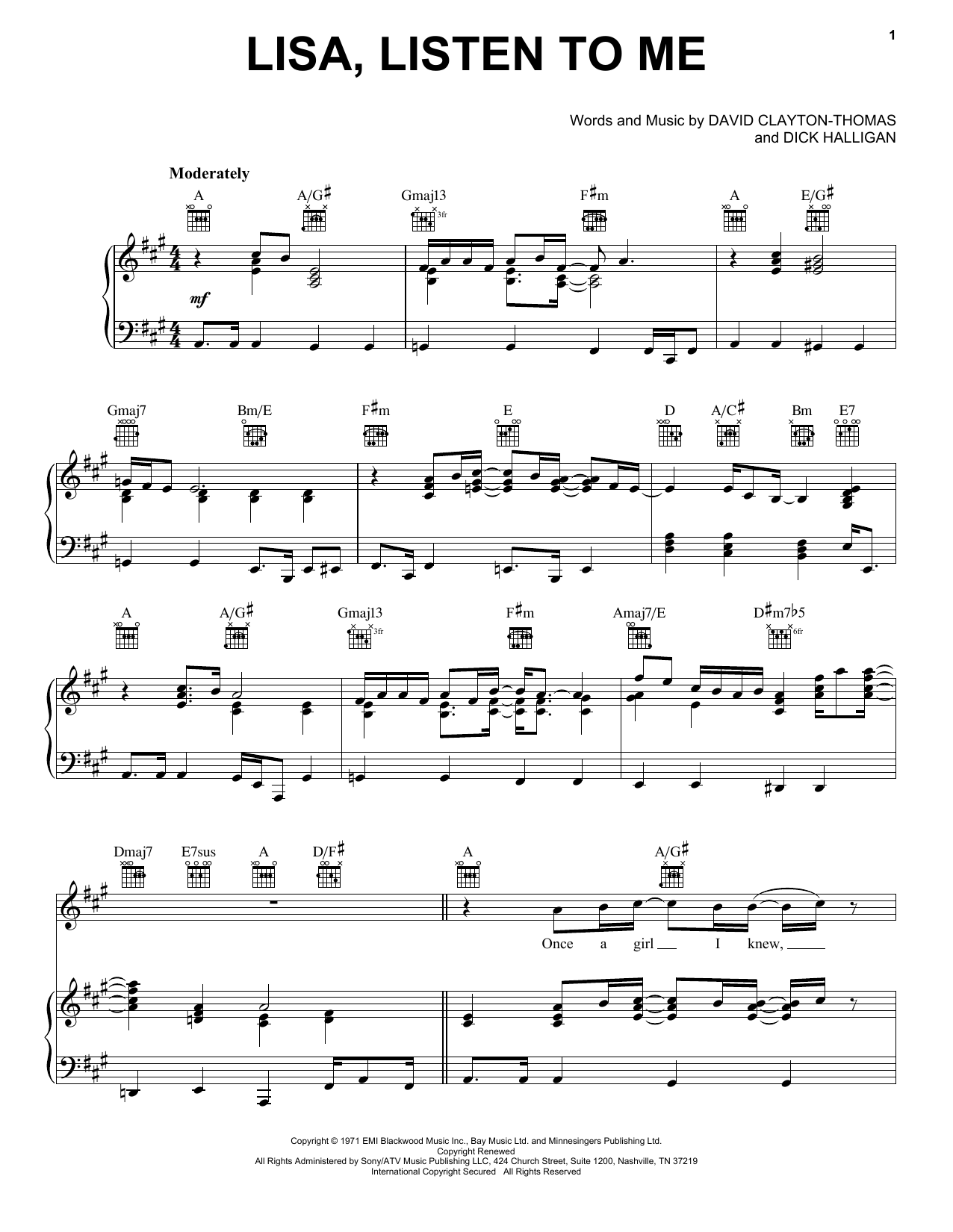Blood, Sweat & Tears Lisa, Listen To Me Sheet Music Notes & Chords for Piano, Vocal & Guitar (Right-Hand Melody) - Download or Print PDF
