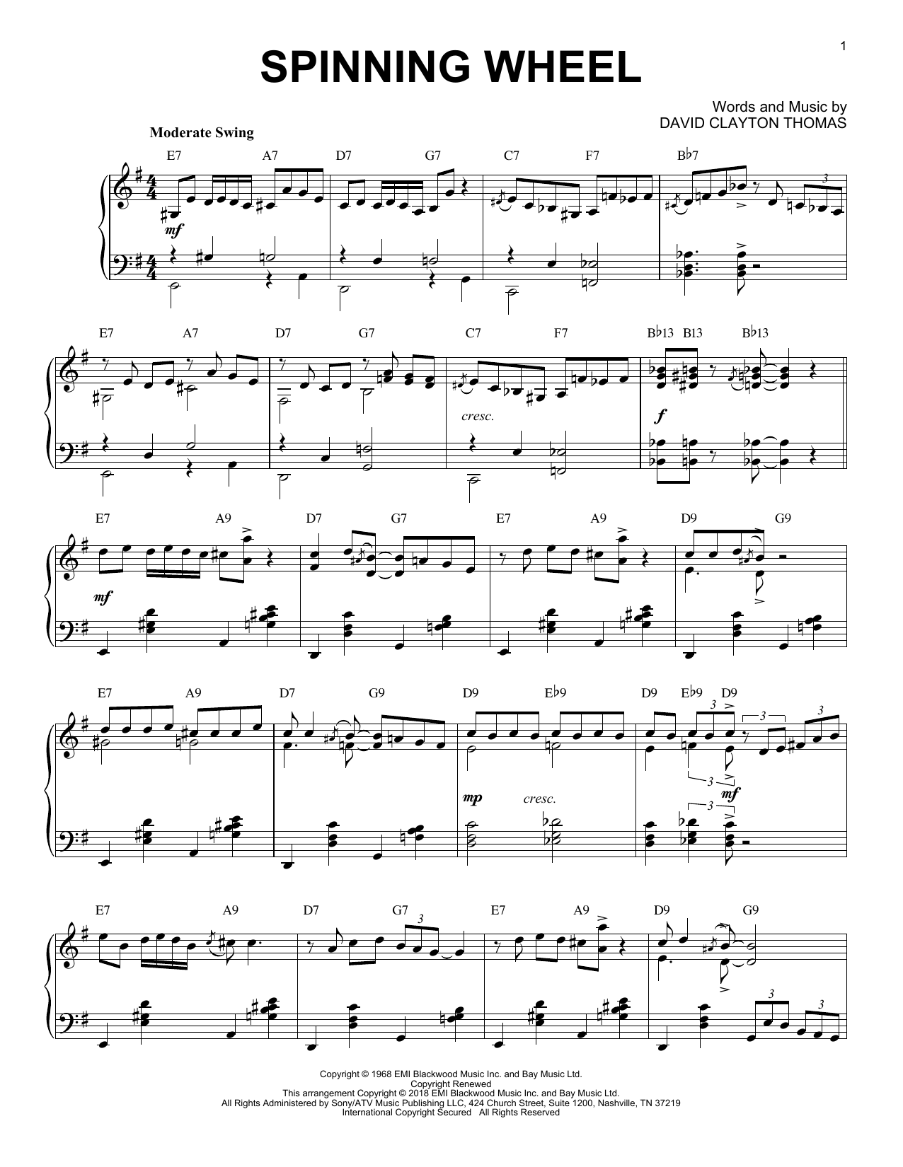 Blood, Sweat & Tears Spinning Wheel [Jazz version] Sheet Music Notes & Chords for Piano - Download or Print PDF
