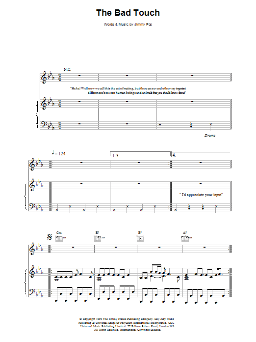 Bloodhound Gang The Bad Touch Sheet Music Notes & Chords for Piano, Vocal & Guitar - Download or Print PDF