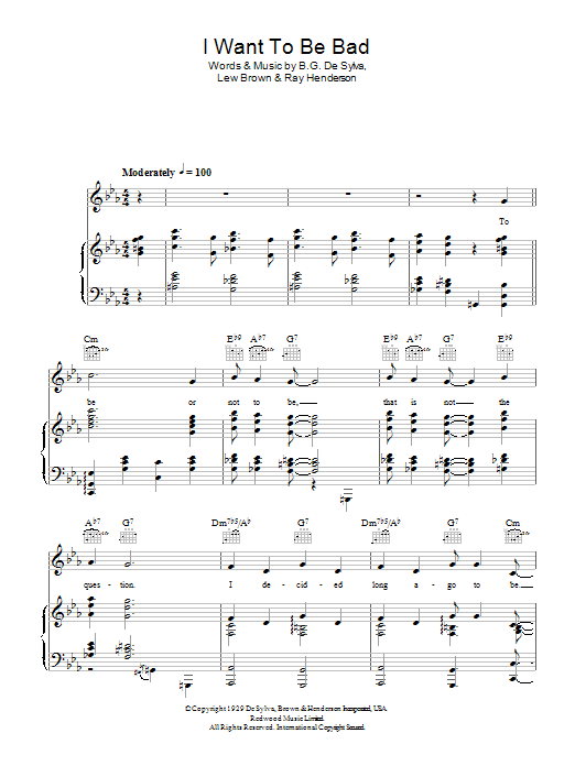 Blossom Dearie I Want To Be Bad Sheet Music Notes & Chords for Piano, Vocal & Guitar (Right-Hand Melody) - Download or Print PDF