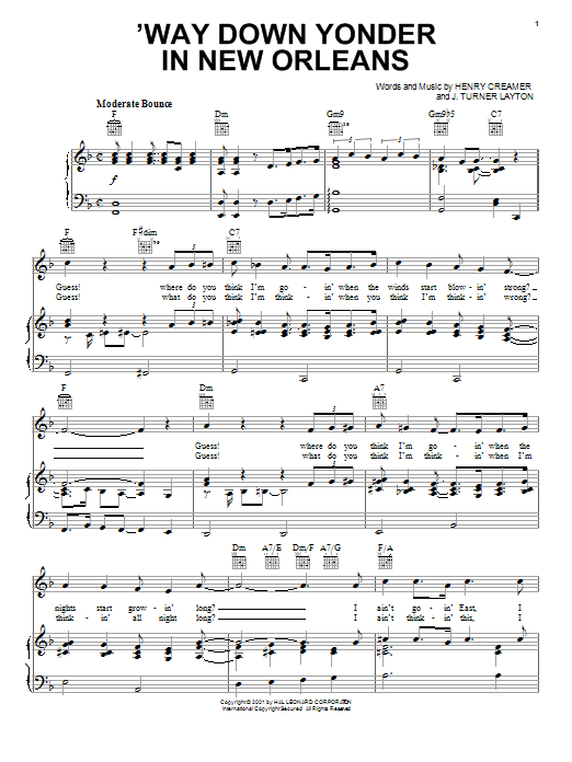 Blossom Seely 'Way Down Yonder In New Orleans Sheet Music Notes & Chords for Piano, Vocal & Guitar (Right-Hand Melody) - Download or Print PDF