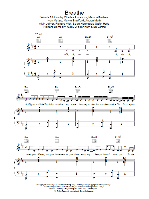 Blu Cantrell Breathe (feat. Sean Paul) Sheet Music Notes & Chords for Piano, Vocal & Guitar - Download or Print PDF