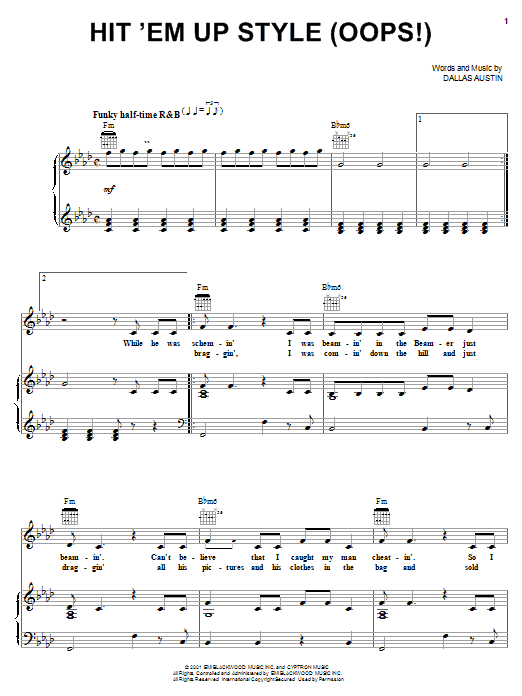 Blu Cantrell Hit 'Em Up Style (Oops!) Sheet Music Notes & Chords for Piano, Vocal & Guitar (Right-Hand Melody) - Download or Print PDF