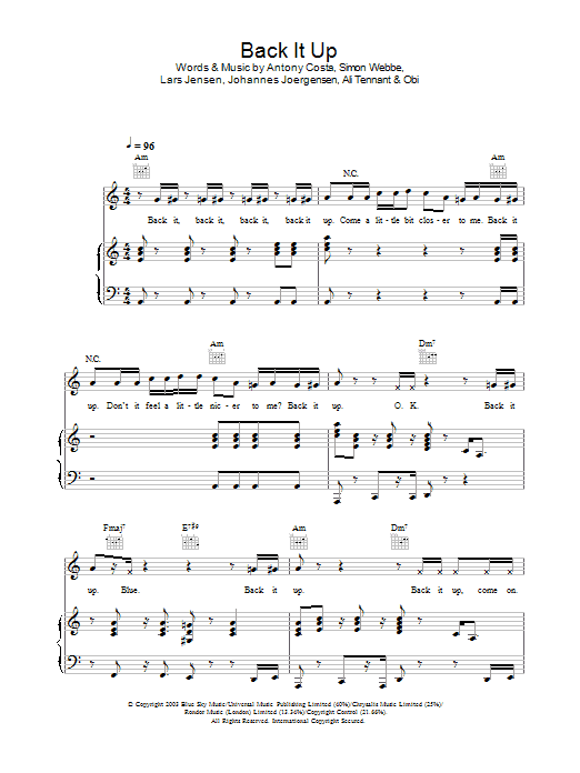 Preview Blue Back It Up Pop sheet music, notes and chords for Piano, Vocal & Guitar, SKU: 26138 Back It Up sheet music