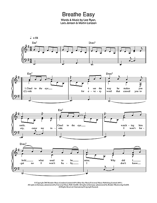 Preview Blue Breathe Easy Pop sheet music, notes and chords for Piano, Vocal & Guitar, SKU: 26139 Breathe Easy sheet music