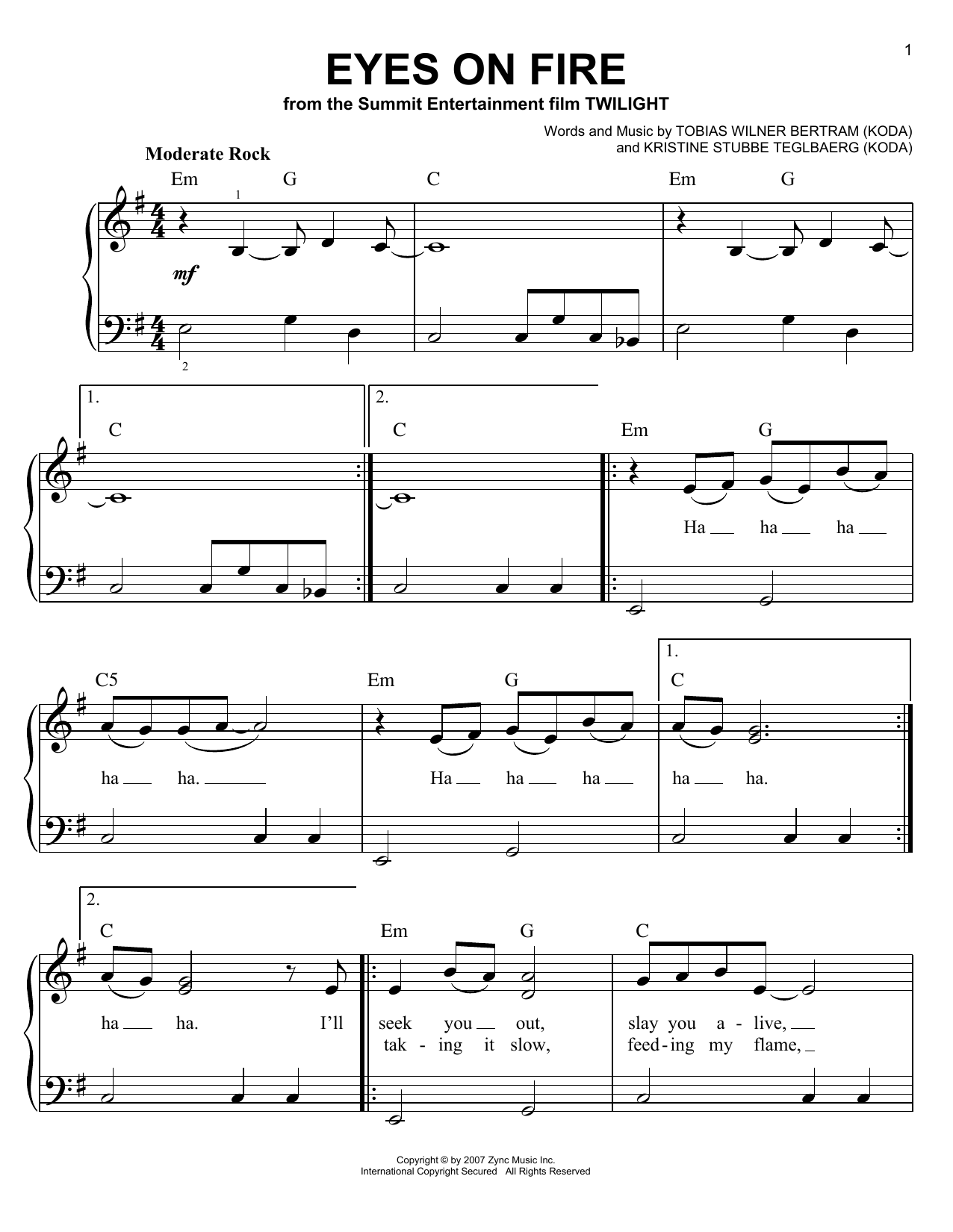Blue Foundation Eyes On Fire Sheet Music Notes & Chords for Piano, Vocal & Guitar Chords (Right-Hand Melody) - Download or Print PDF