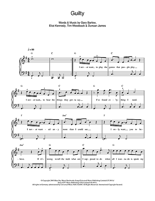 Blue Guilty Sheet Music Notes & Chords for Piano, Vocal & Guitar - Download or Print PDF