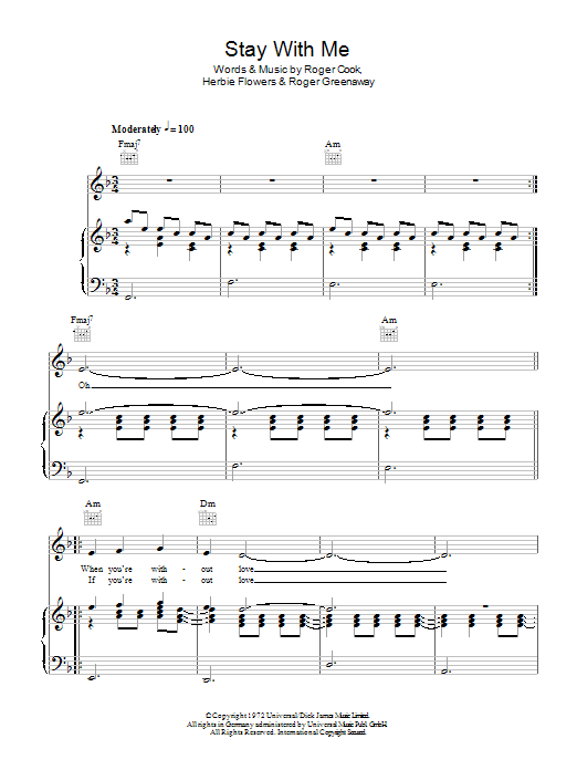 Blue Mink Stay With Me Sheet Music Notes & Chords for Piano, Vocal & Guitar (Right-Hand Melody) - Download or Print PDF