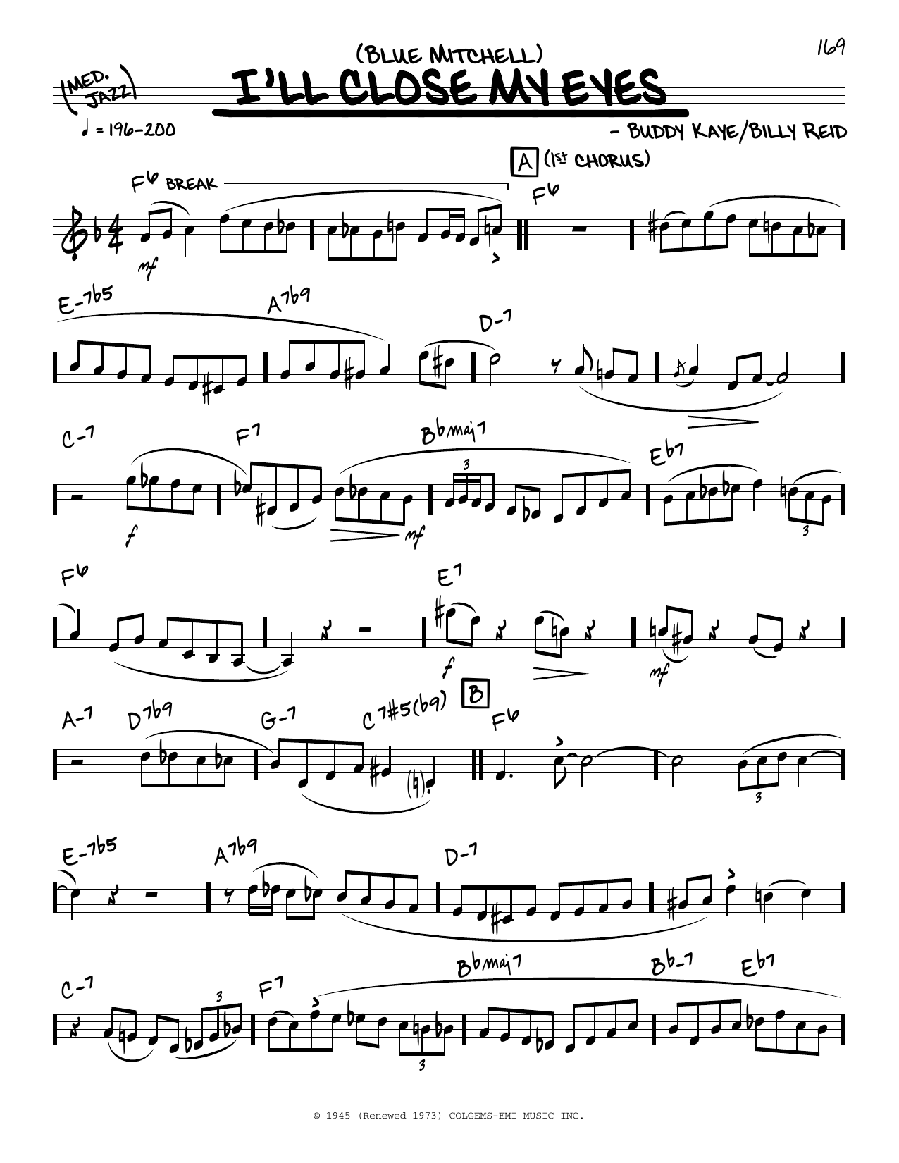 Blue Mitchell I'll Close My Eyes (solo only) Sheet Music Notes & Chords for Real Book – Melody & Chords - Download or Print PDF Blue Mitchell I'll Close My Eyes (solo only) Sheet Music Notes & Chords for Real Book – Melody & Chords - Download or Print PDF