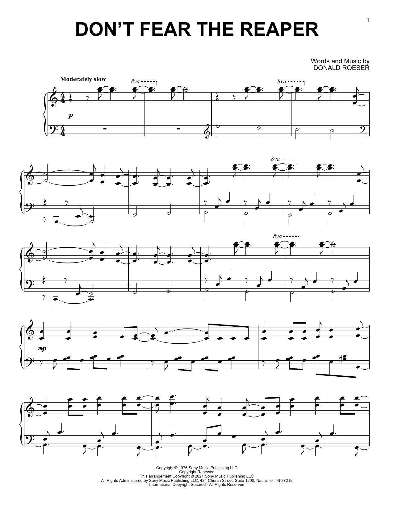Blue Oyster Cult Don't Fear The Reaper [Classical version] (arr. David Pearl) Sheet Music Notes & Chords for Piano Solo - Download or Print PDF