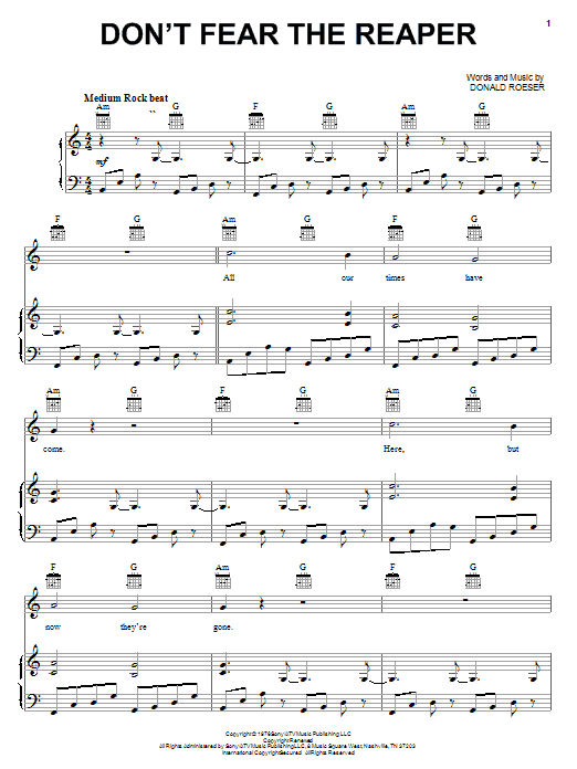 Blue Oyster Cult Don't Fear The Reaper sheet music notes and chords. Download Printable PDF.