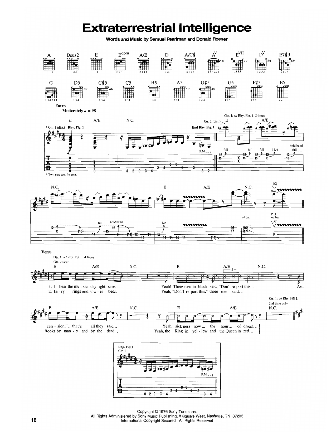 Blue Öyster Cult Extraterrestrial Intelligence Sheet Music Notes & Chords for Guitar Tab - Download or Print PDF