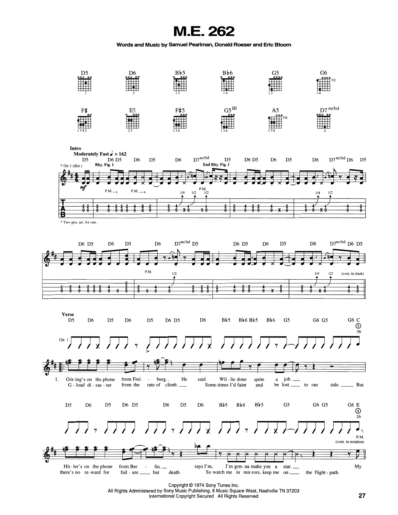 Blue Öyster Cult M.E. 262 Sheet Music Notes & Chords for Guitar Tab - Download or Print PDF