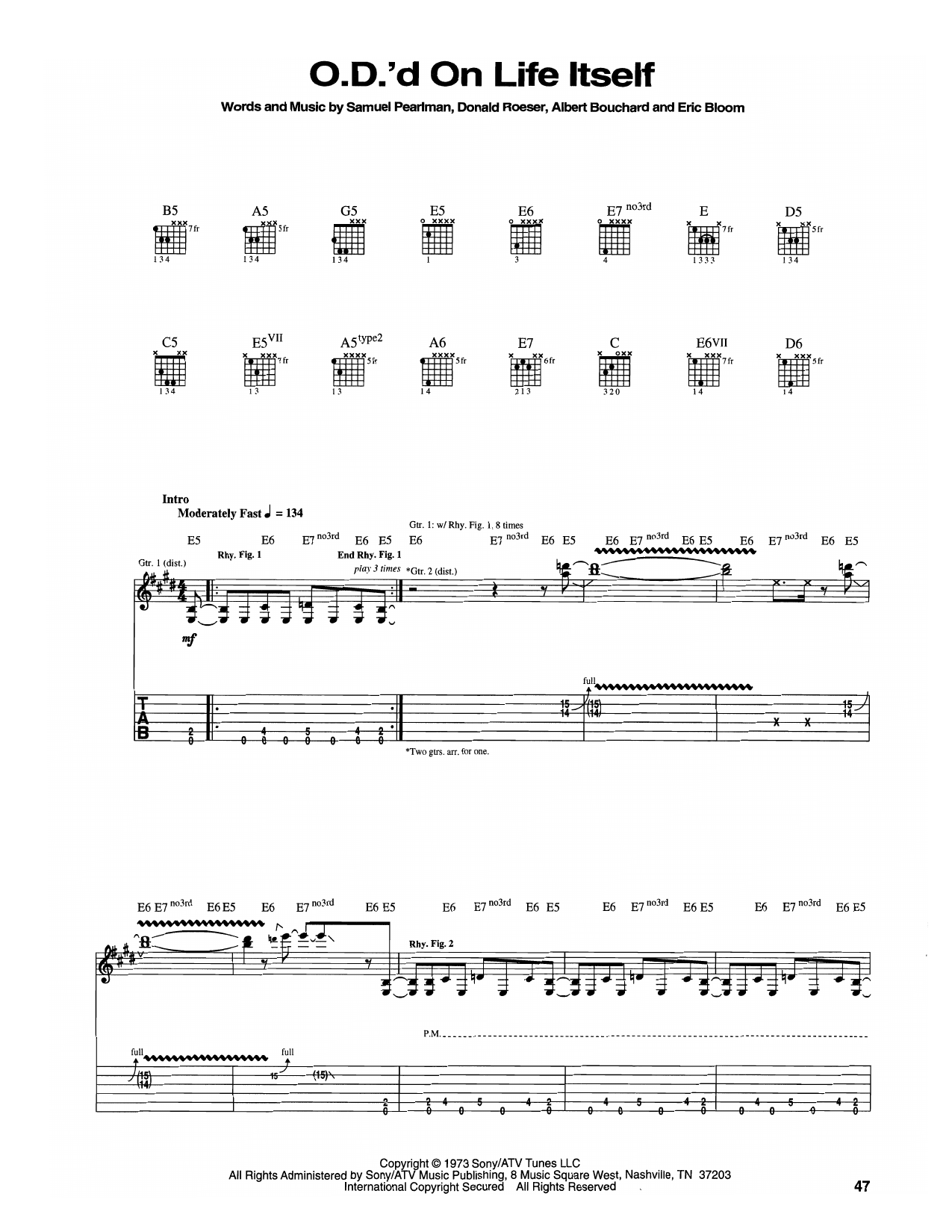 Blue Öyster Cult O.D.'d On Life Itself Sheet Music Notes & Chords for Guitar Tab - Download or Print PDF